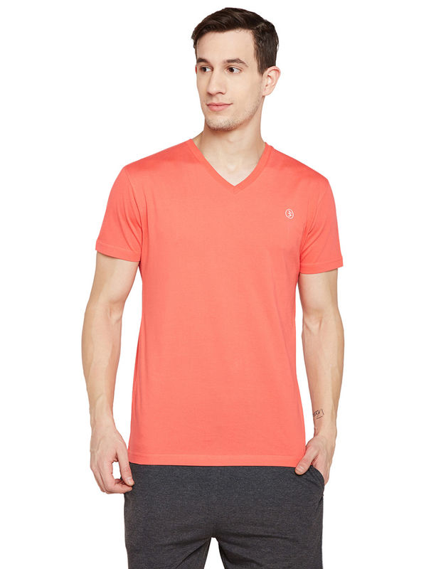 Bodyactive Men coral Cotton V-Neck T-Shirt-TS13-CORAL