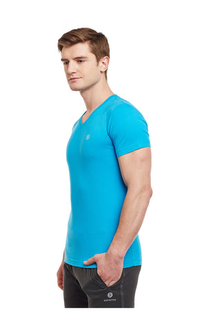 Bodyactive Men Turquoise Cotton V-Neck T-Shirt-TS13-RBLU