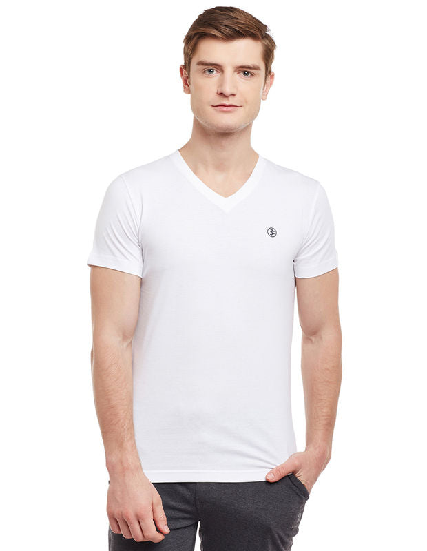 Bodyactive Men White Cotton V-Neck T-Shirt-TS13-WHT