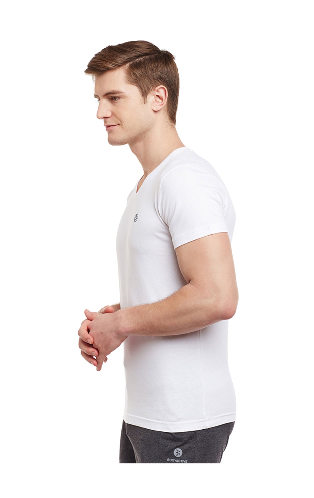 Bodyactive Men White Cotton V-Neck T-Shirt-TS13-WHT