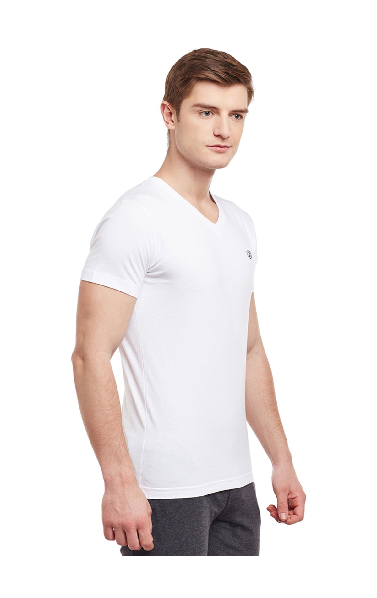 Bodyactive Men White Cotton V-Neck T-Shirt-TS13-WHT