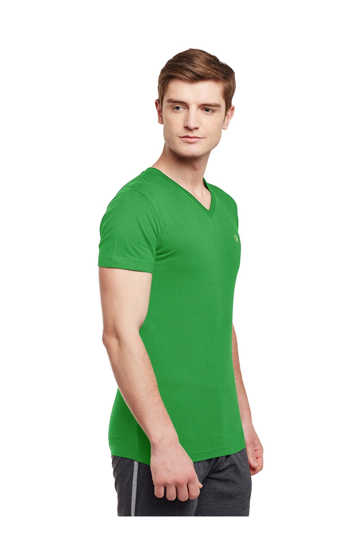 Bodyactive Men Cotton V-Neck T-Shirt-TS13-LTGRN