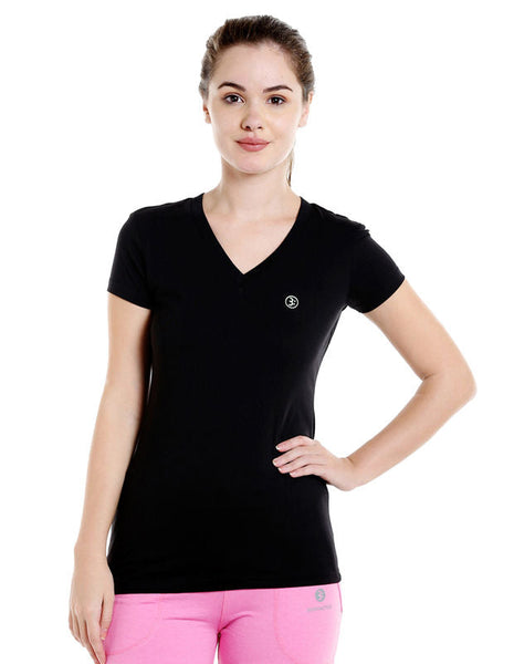 Bodyactive Women Black V Neck Tee-TS14-BLK