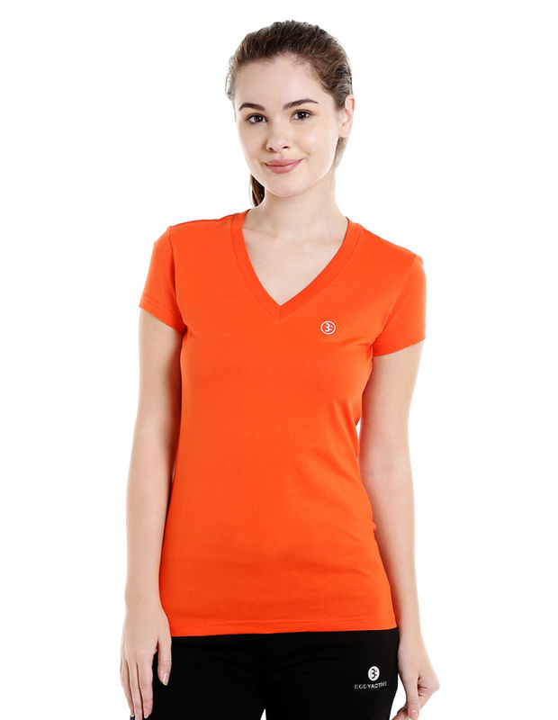 Bodyactive Women DP Orange V Neck Tee-TS14-DPORG