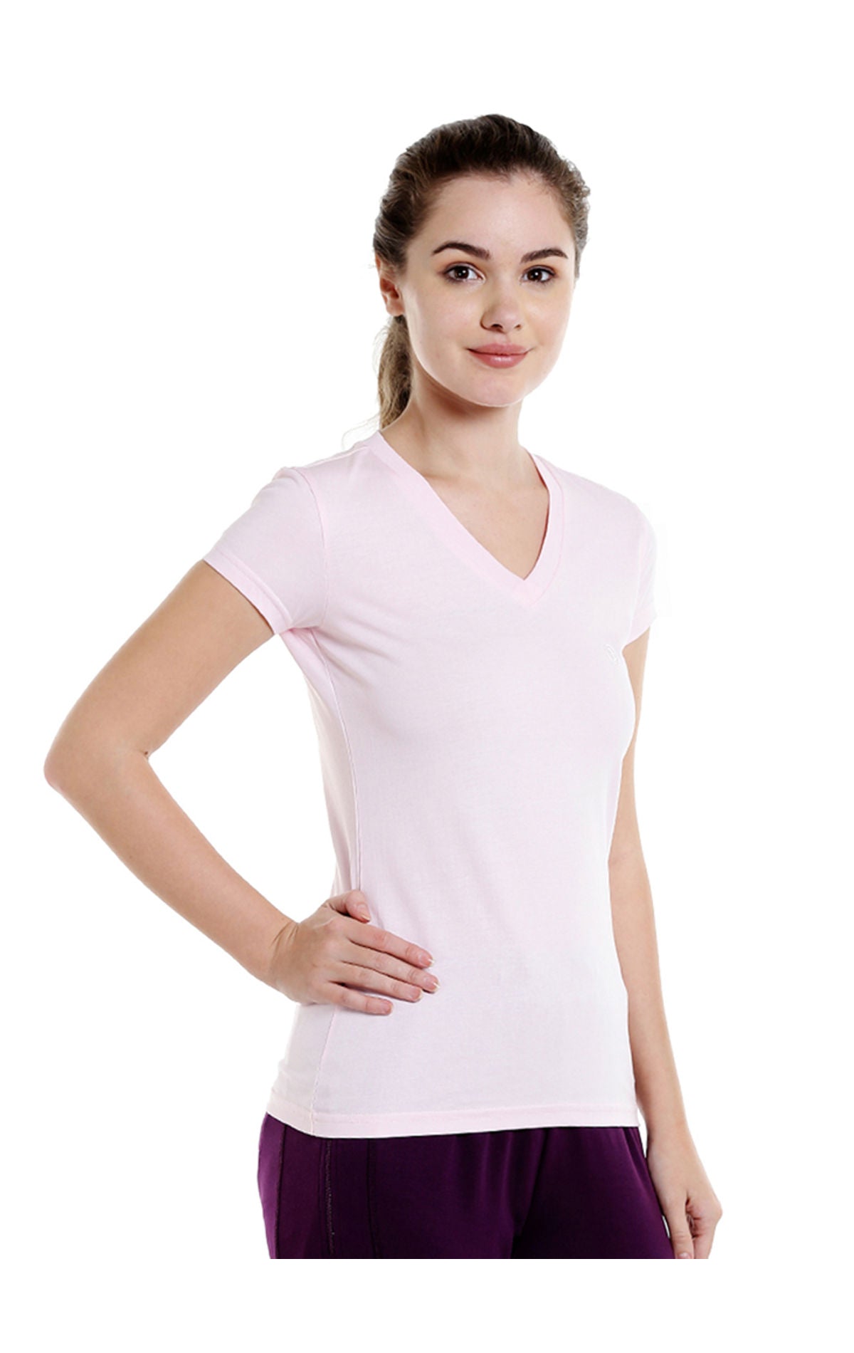 Bodyactive Women Light Pink V Neck Tee-TS14-LTPI