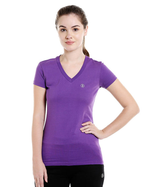 Bodyactive Women Purple V Neck Tee-TS14-PUR