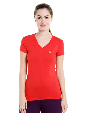 Bodyactive Women Red V Neck Tee-TS14-RED