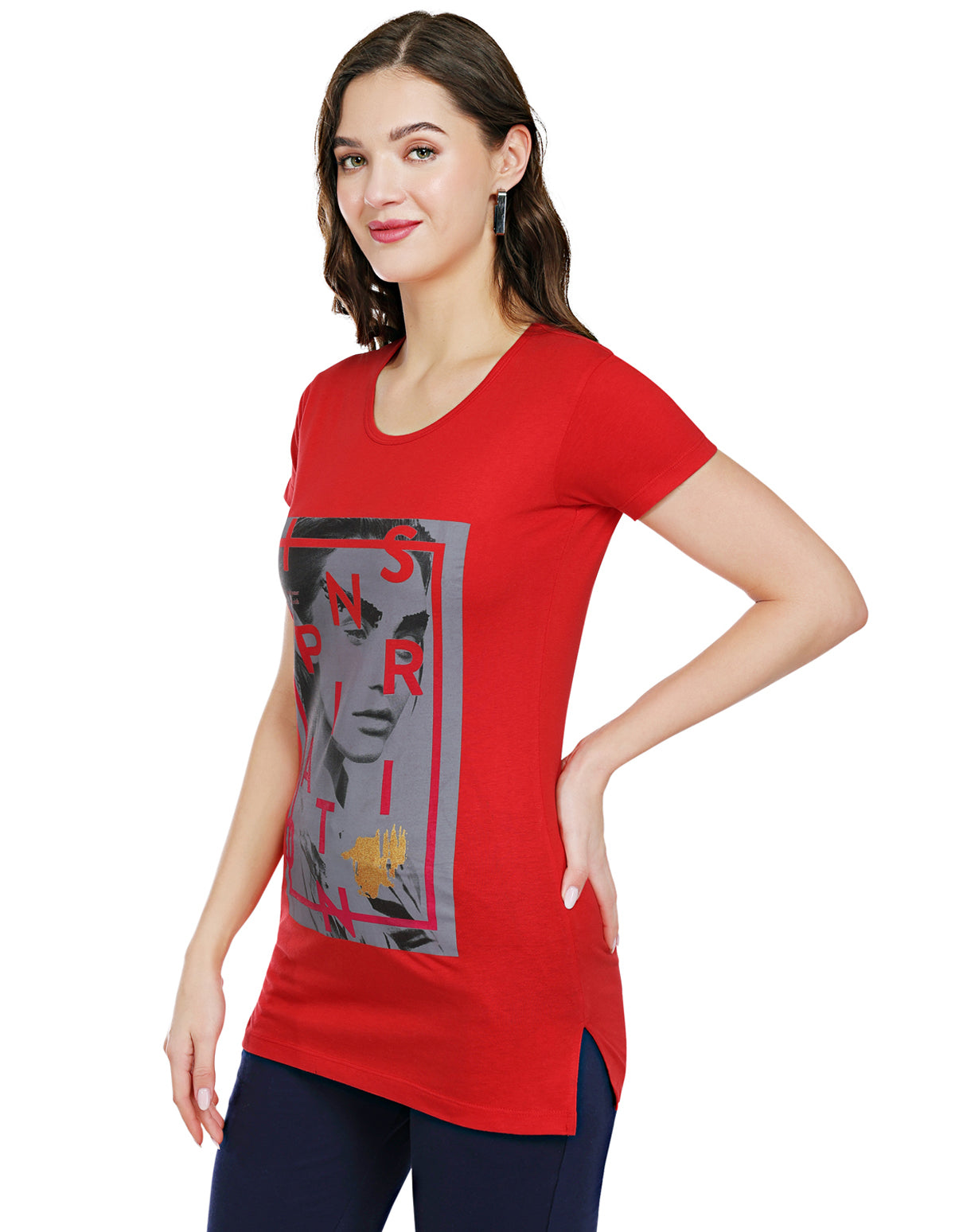 Bodyactive Red Cotton Women's Long T-shirt TS40-RED
