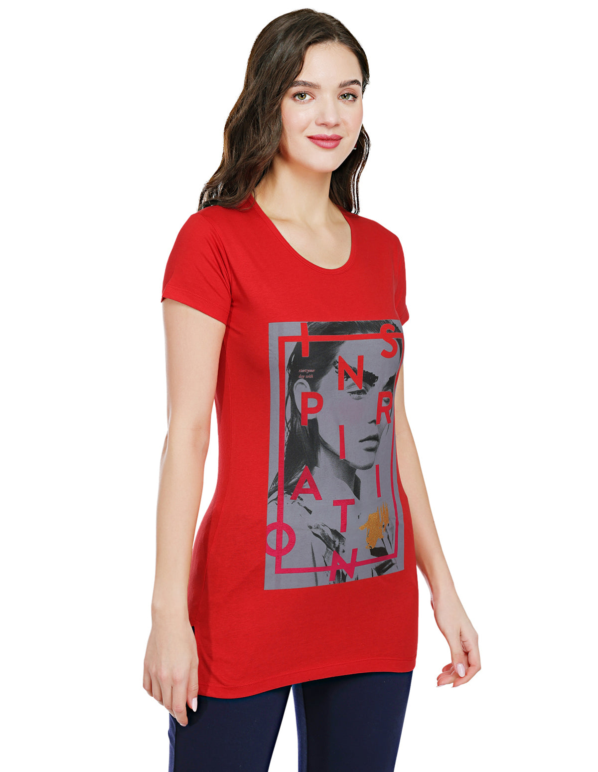 Bodyactive Red Cotton Women's Long T-shirt TS40-RED