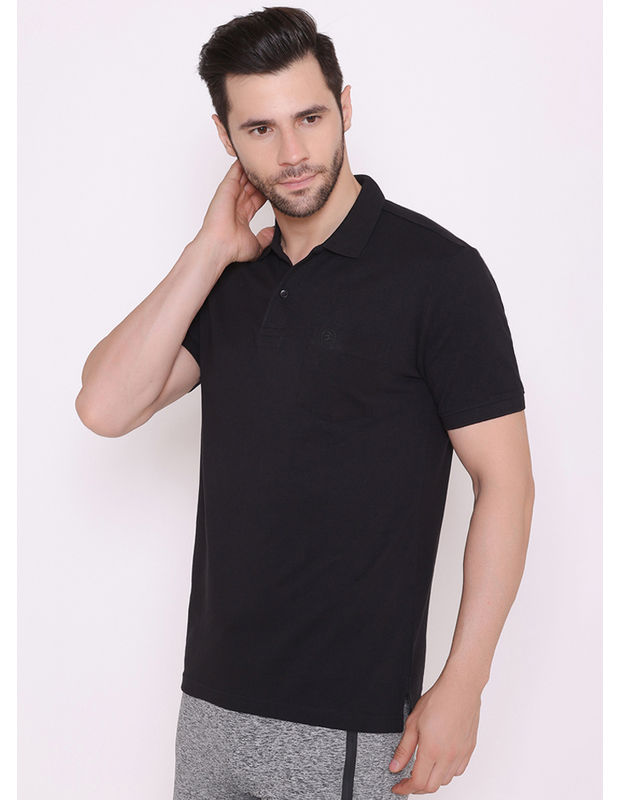 Bodyactive Solid Casual Half Sleeve Cotton Rich Pique Polo T-Shirt for Men with Chest Pocket-TS51-BLK