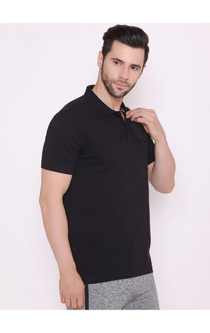 Bodyactive Solid Casual Half Sleeve Cotton Rich Pique Polo T-Shirt for Men with Chest Pocket-TS51-BLK