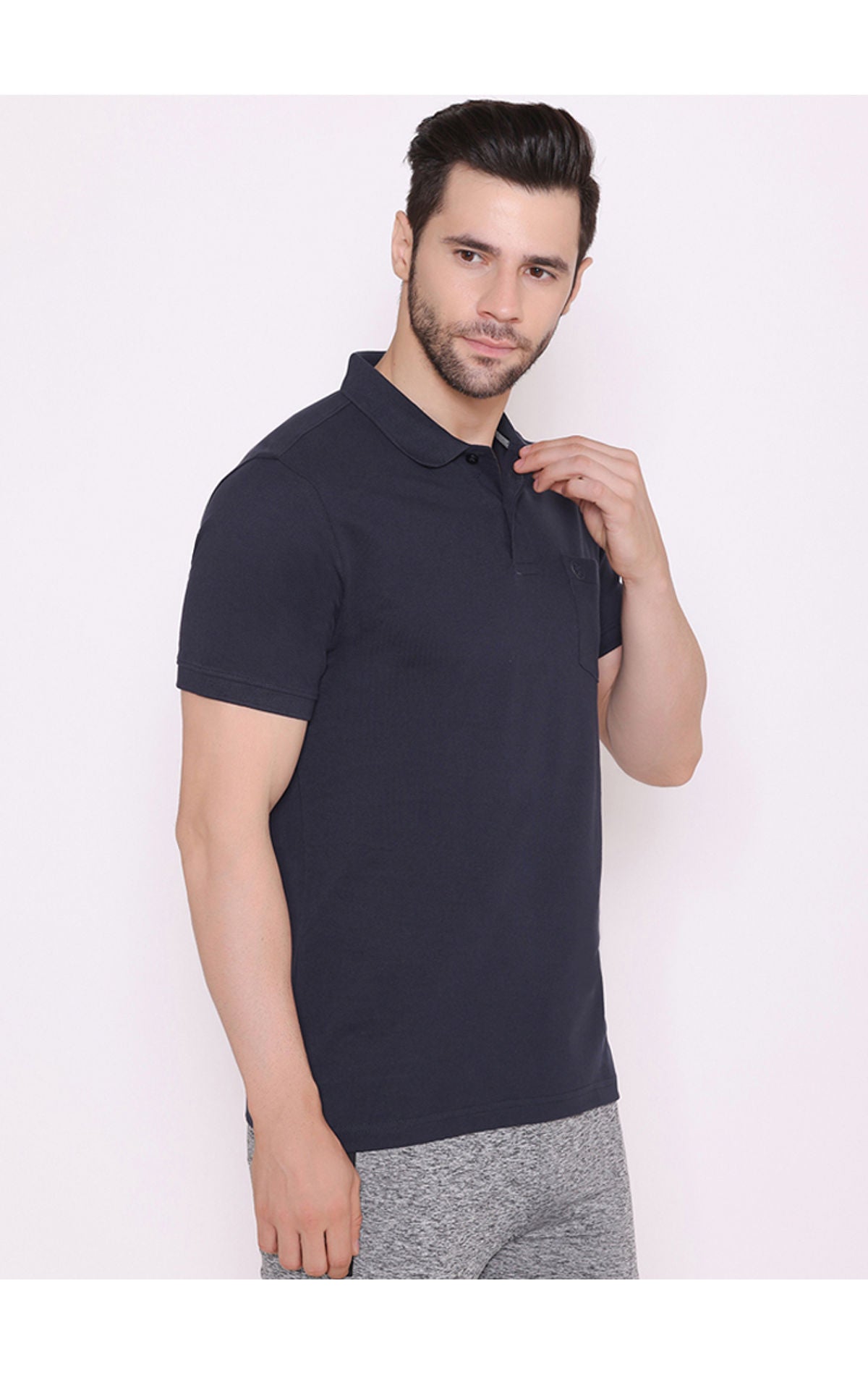 Bodyactive Solid Casual Half Sleeve Cotton Rich Pique Polo T-Shirt for Men with Chest Pocket-TS51-NAV