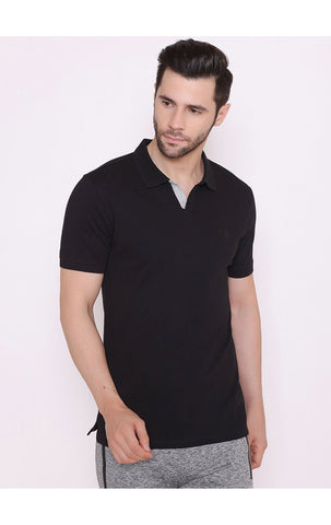 Bodyactive Solid Casual Half Sleeve Cotton Rich V neck Pique Polo T-Shirt for Men-TS52-BLK-GRY