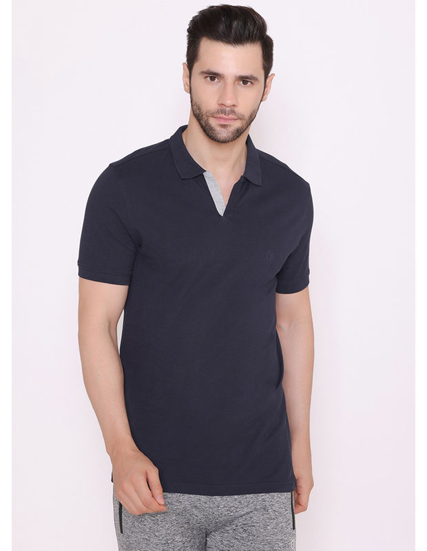 Bodyactive Solid Casual Half Sleeve Cotton Rich V neck Pique Polo T-Shirt for Men-TS52-NAV-GRY