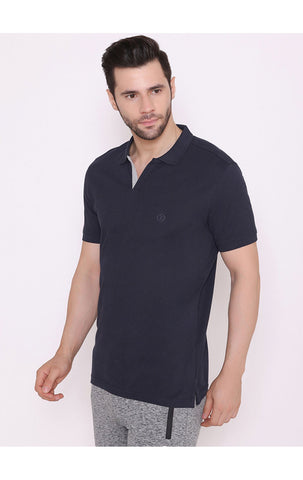 Bodyactive Solid Casual Half Sleeve Cotton Rich V neck Pique Polo T-Shirt for Men-TS52-NAV-GRY