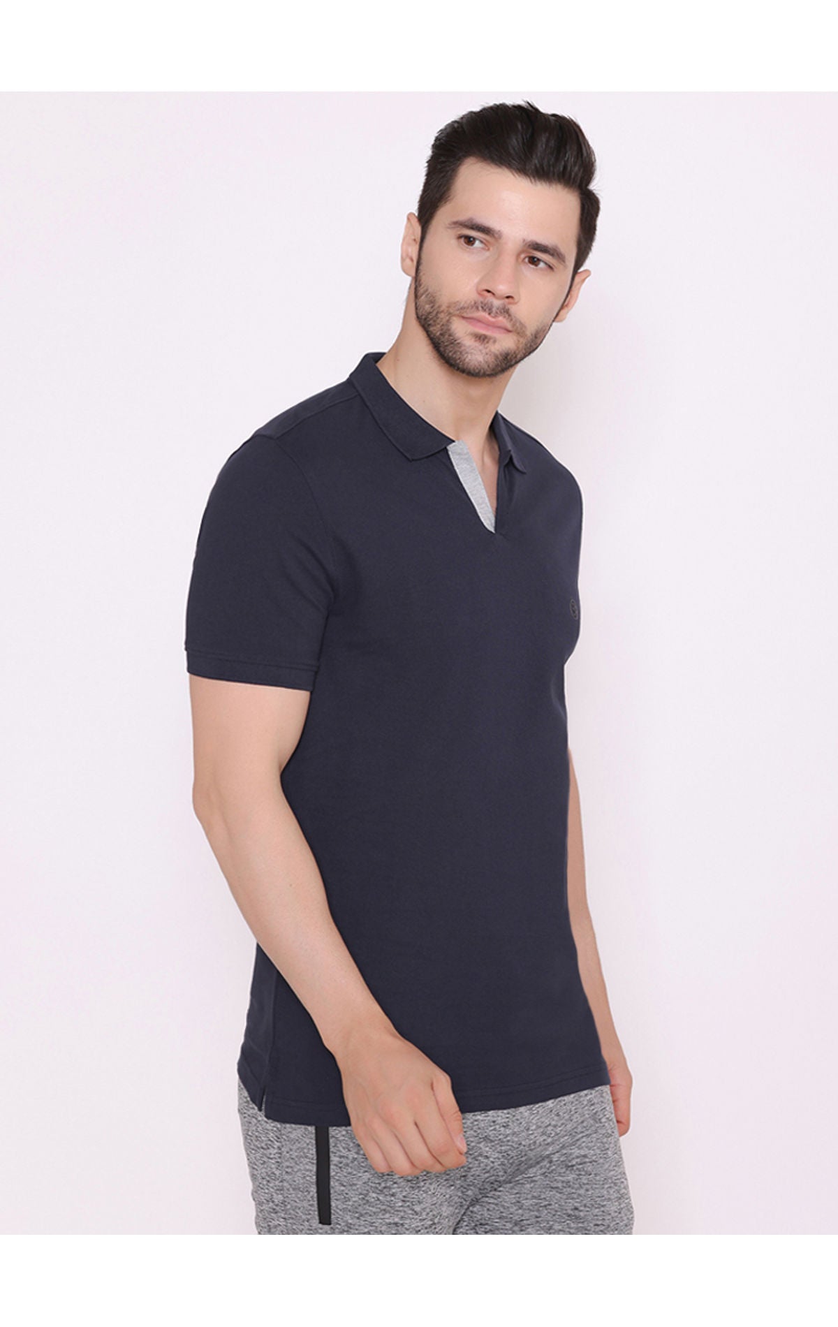 Bodyactive Solid Casual Half Sleeve Cotton Rich V neck Pique Polo T-Shirt for Men-TS52-NAV-GRY