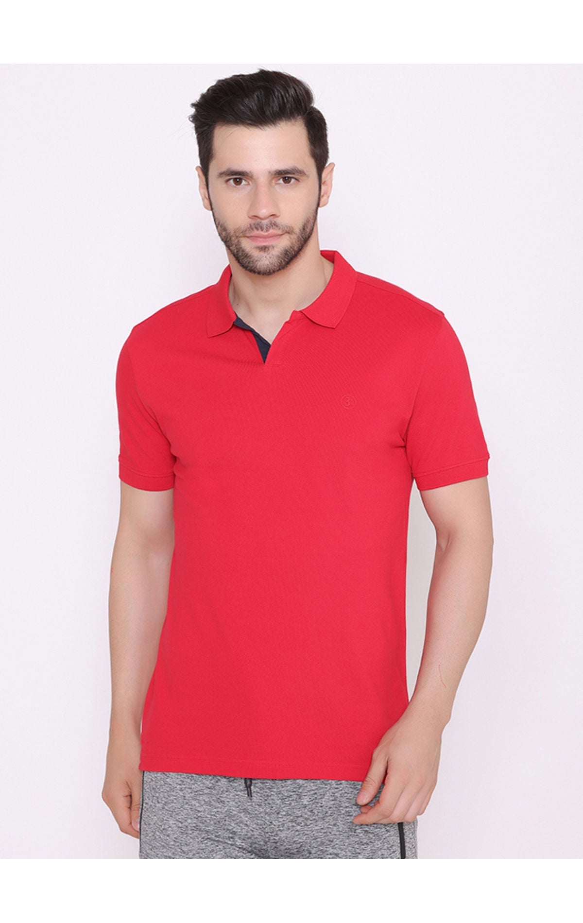 Bodyactive Solid Casual Half Sleeve Cotton Rich V neck Pique Polo T-Shirt for Men-TS52-RED-NAV