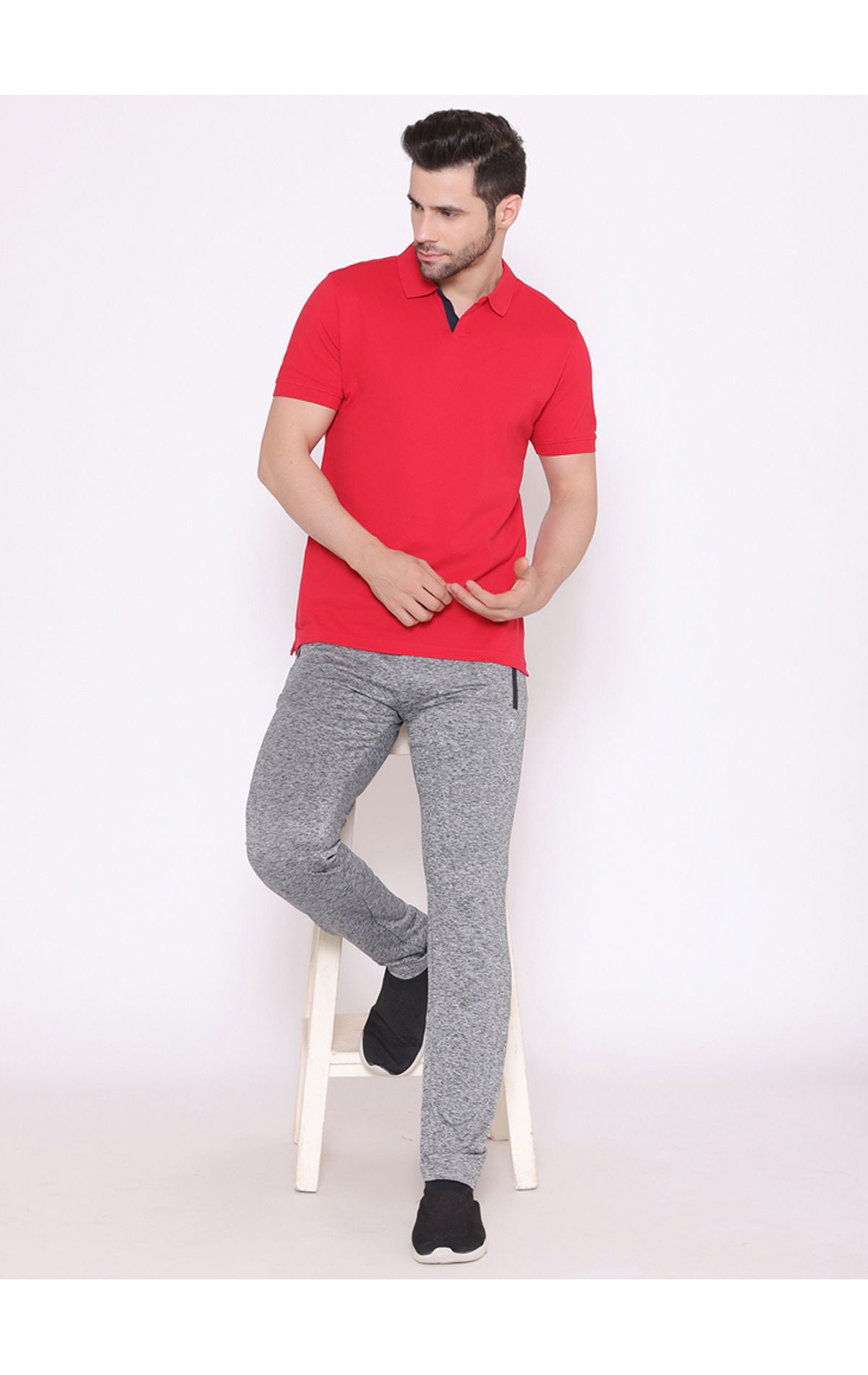 Bodyactive Solid Casual Half Sleeve Cotton Rich V neck Pique Polo T-Shirt for Men-TS52-RED-NAV