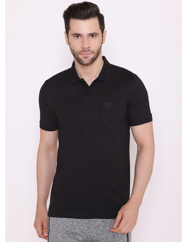 Bodyactive Solid Casual Half Sleeve Cotton Rich Polo T-Shirt for Men with Chest Pocket-TS53-BLK