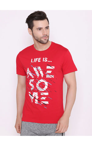 Bodyactive Regular Fit Printed Ribbed Round Neck Half Sleeve T-Shirt for Men-TS71-RED