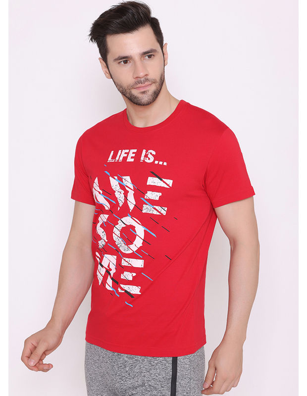 Bodyactive Regular Fit Printed Ribbed Round Neck Half Sleeve T-Shirt for Men-TS71-RED