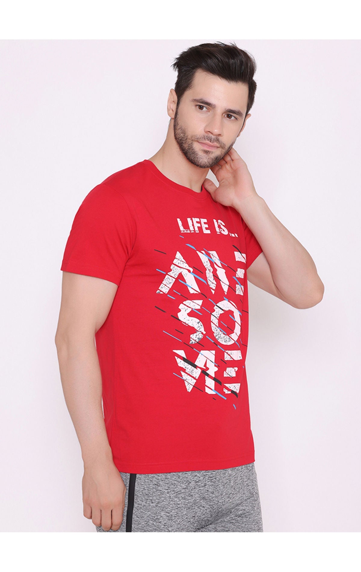 Bodyactive Regular Fit Printed Ribbed Round Neck Half Sleeve T-Shirt for Men-TS71-RED