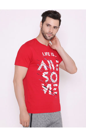 Bodyactive Regular Fit Printed Ribbed Round Neck Half Sleeve T-Shirt for Men-TS71-RED