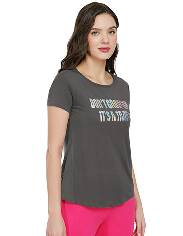 Bodyactive Dark Grey Dry Fit Women's Poly Lycra T-shirt TS81-DKGRE
