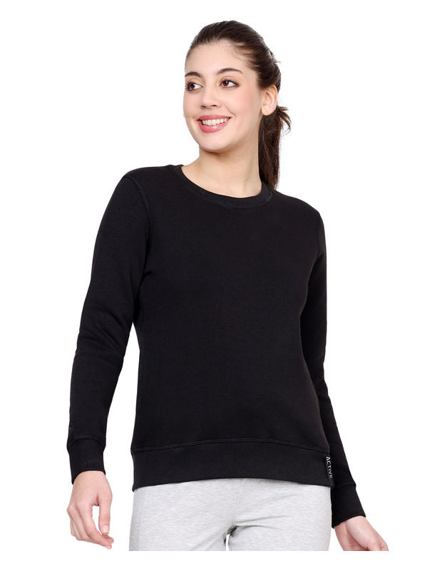 Bodyactive Women Cotton Fleece Blend Black Solid Crew Neck Sweatshirt-TSW112_BLK