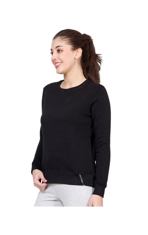 Bodyactive Women Cotton Fleece Blend Black Solid Crew Neck Sweatshirt-TSW112_BLK