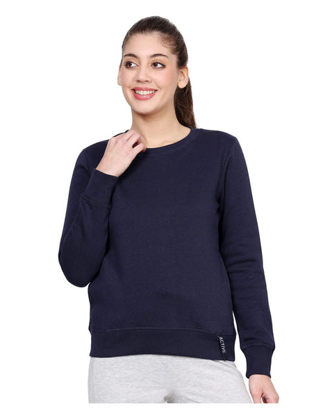 Bodyactive Women Cotton Fleece Blend Dark Blue Solid Crew Neck Sweatshirt-TSW112_NVY