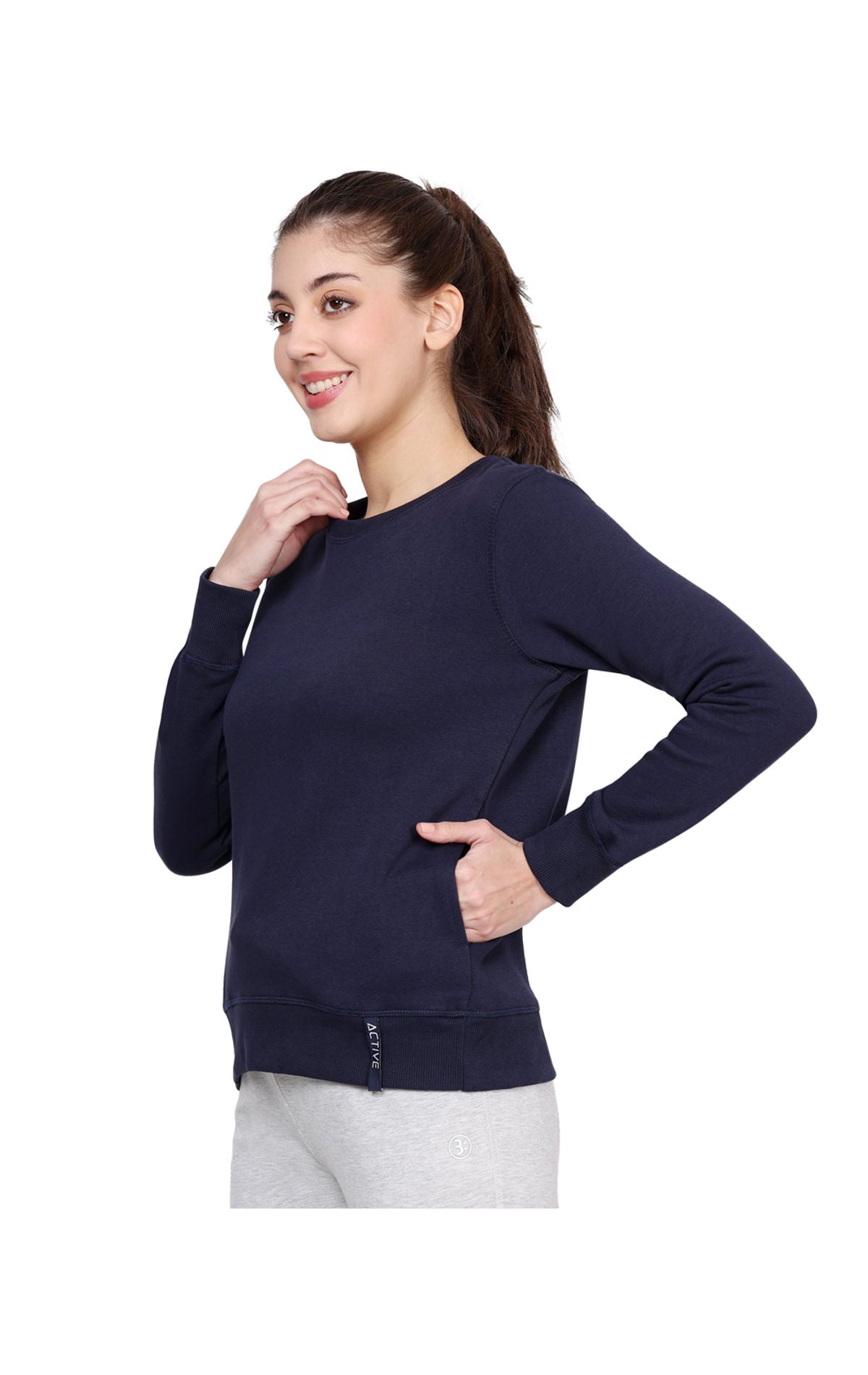 Bodyactive Women Cotton Fleece Blend Dark Blue Solid Crew Neck Sweatshirt-TSW112_NVY