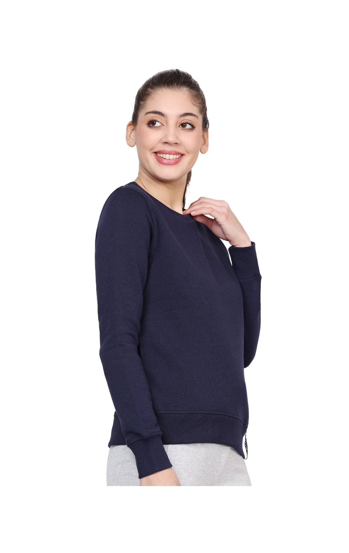 Bodyactive Women Cotton Fleece Blend Dark Blue Solid Crew Neck Sweatshirt-TSW112_NVY