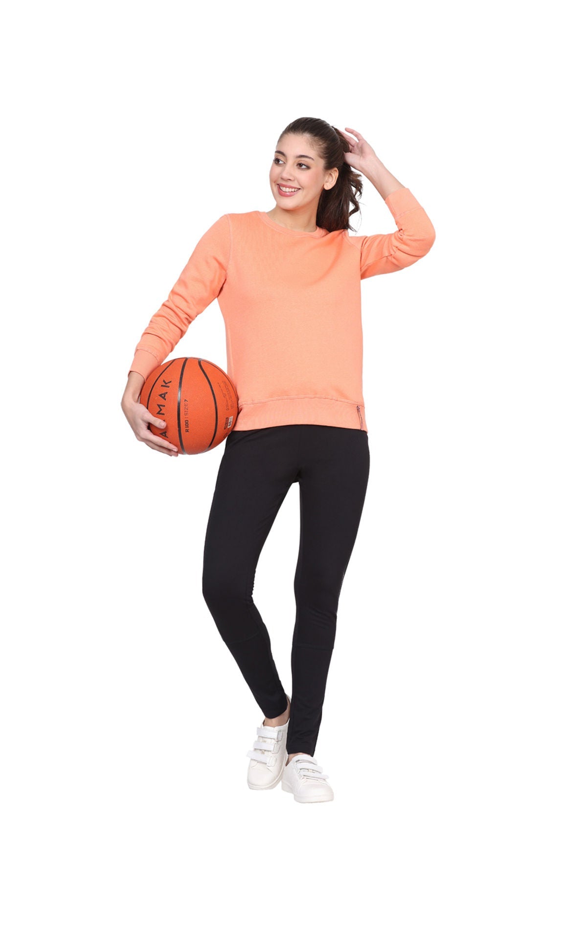 Bodyactive Women Cotton Fleece Blend Orange Solid Crew Neck Sweatshirt-TSW112_PCH