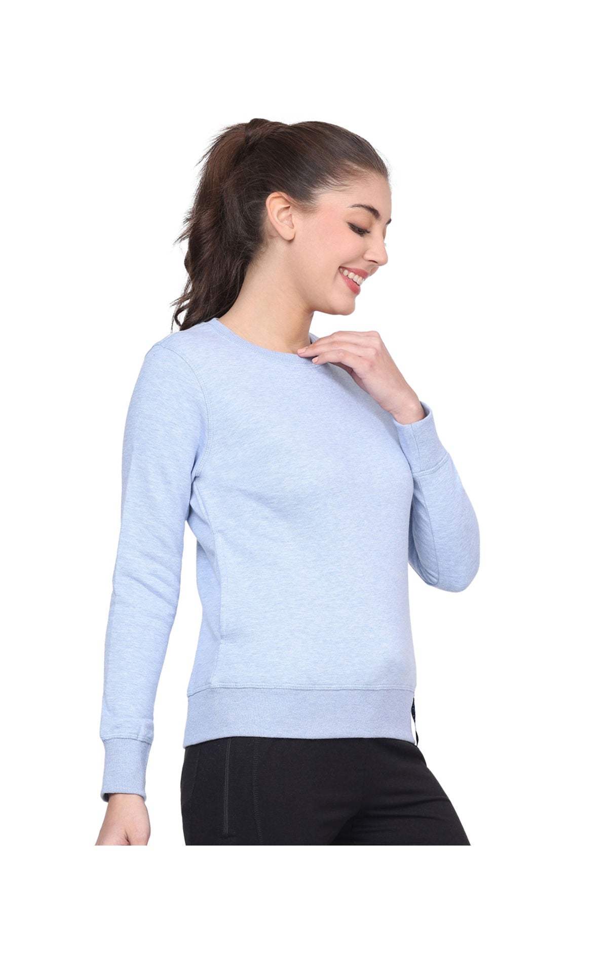 Bodyactive Women Cotton Fleece Blend Light Blue Solid Crew Neck Sweatshirt-TSW112_SKBLU