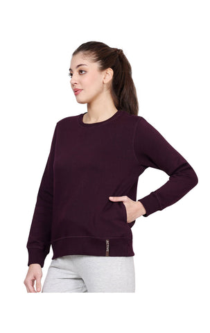 Bodyactive Women Cotton Fleece Blend Purple Solid Crew Neck Sweatshirt-TSW112_WI