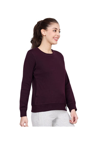 Bodyactive Women Cotton Fleece Blend Purple Solid Crew Neck Sweatshirt-TSW112_WI