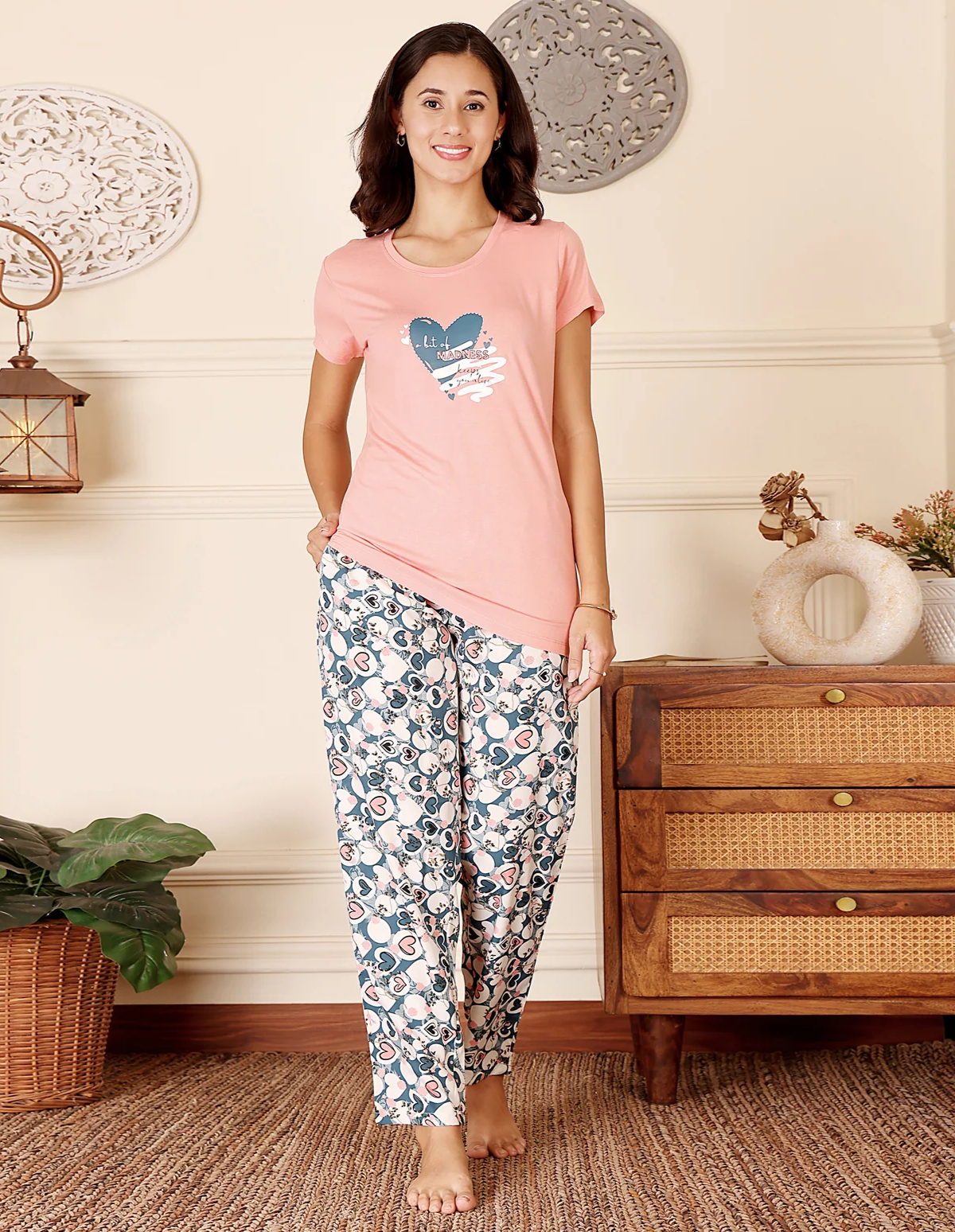 Pink & Blue Cotton Nightsuit for Women by Bodycare – Printed T-Shirt & Pyjama Set-BSLS15016