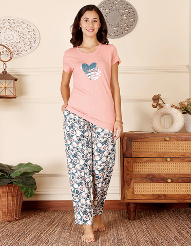 Pink & Blue Cotton Nightsuit for Women by Bodycare – Printed T-Shirt & Pyjama Set-BSLS15016